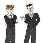 anthro business_suit clothed clothing crossed_arms duo eyewear fully_clothed glasses male necktie simple_background suit white_background fuze wolfgang_(fuze) canid canine canis domestic_dog mammal 1:1 hi_res