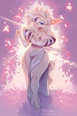 5_fingers anthro breasts cleavage clothed clothing curvy_figure dress female fingers fur glowing hair hooves horn jewelry leaf long_hair long_nails necklace sideless_dress small_waist solo tail thick_thighs unicorn_horn walking white_body white_fur white_hair ulitochka mythology equid equine mammal mythological_creature mythological_equine unicorn 2022 dated digital_media_(artwork) hi_res watermark