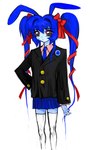 blue_hair bottomwear clothing female hair jacket necktie shirt skirt solo topwear twintails_(hairstyle) yogurt200 animal_humanoid humanoid lagomorph lagomorph_humanoid leporid_humanoid mammal mammal_humanoid rabbit_humanoid hi_res