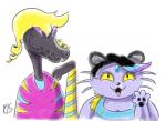 alternate_species anthro black_hair blonde_hair duo female hair simple_background ronnieraccoon nintendo pokemon undertale undertale_(series) bratty_(undertale) catty_(undertale) alolan_form alolan_persian felid generation_7_pokemon lizard mammal pokemon_(species) regional_form_(pokemon) reptile salazzle scalie crossover