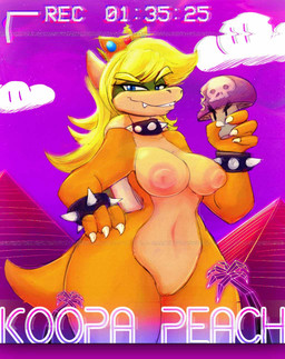 4_fingers alternate_species anthro areola belly big_breasts blonde_hair blue_eyes bracelet breasts camera_view casual_nudity claws cloud collar crown curvy_figure eyebrows eyelashes female fingers fungus gem genitals gold_(metal) gold_jewelry green_body green_scales hair half-closed_eyes hand_on_hip headgear holding_object jewelry long_hair looking_at_viewer makeup mascara multicolored_body multicolored_scales mushroom narrowed_eyes navel nipples non-mammal_breasts nude outdoor_nudity outside pink_areola pink_nipples plant poison_mushroom princess purple_sky pyramid recording royalty ruby_(gem) sapphire_(gem) scales sharp_teeth sky small_waist smile snout solo spiked_bracelet spiked_collar spikes synthwave tail tan_belly tan_body tan_scales teeth text thick_tail thick_thighs tree voluptuous vulva white_claws wide_hips yellow_body yellow_scales tgwonder mario_bros nintendo princess_koopa princess_peach koopa scalie 2018 english_text hi_res purple_theme