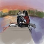 1:1 2017 anthro ashley_baird black_hair bottomwear camp_pines canid canine canis clothing duo ear_piercing female forest fur grey_body grey_fur hair hand_behind_head highlights_(coloring) kissing lake male mammal outside pier piercing plant red_highlights seff_(artist) seff_(seff) shirt shorts sitting sitting_on_another sketch sunset topwear tree unfinished white_body white_fur white_hair wolf