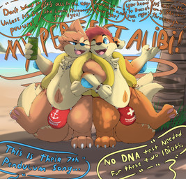 alcohol anthro beach beverage bikini bikini_bottom bikini_thong bulge clothing dancing dialogue duo dyed_fur fur genitals highlights_(coloring) locked_arms male male/male open_mouth outside plant sand seaside singing sky smile speech_bubble swimwear tail text thick_thighs tongue tree two-piece_swimsuit water katauni nintendo pokemon colton jodi_(katauni) floatzel generation_4_pokemon mammal pokemon_(species) absurd_res digital_media_(artwork) english_text hi_res story story_in_description brother_(lore) brothers_(lore) sibling_(lore)