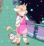 anthro apron bell biped brown_hooves clothing dessert doughnut duo feral food hooves horn pastry pink_apron pink_clothing pink_nose star goldiescales bee_and_puppycat cartoon_hangover anthony_(goldiescales) puppycat bovid bovine cattle domestic_cat felid feline felis mammal 2018 trans_(lore) trans_man_(lore)