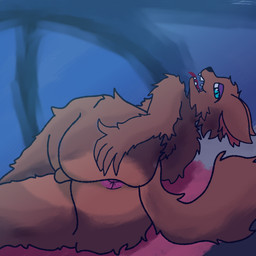 anthro anus big_butt butt ears_back eyeshadow lying makeup male on_side pivoted_ears presenting presenting_hindquarters solo spreading tongue tongue_out hurricane_weaver canid canine mammal 1:1 absurd_res hi_res
