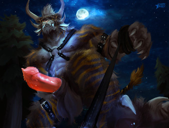 anthro balls detailed_background erection genitals harness leash leash_pull leashed_viewer male moon muscular night outside penile_spines penis solo charr_starz guild_wars cordalk charr felid feline mammal