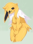 2024 5_fingers anthro anthrofied black_sclera blush breasts eeveelution featureless_breasts female fingers fur generation_1_pokemon green_background hi_res jolteon kame_3 looking_at_viewer neck_tuft nintendo nude pokemon pokemon_(species) pokemorph simple_background smile solo spiral_eyes standing tuft yellow_body yellow_fur