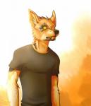 anthro clothed clothing fangs fur machine male simple_background solo teeth hitmore android canid canine hybrid mammal robot hi_res