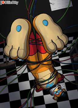 4_toes anthro bdsm bondage bound claws duct_tape feet foot_fetish foot_focus gag gagged gagspeak machine muffled pawpads paws plantigrade struggling suspension suspension_bondage tape tape_gag taped_mouth toes ollieotty five_nights_at_freddy's five_nights_at_freddy's:_security_breach scottgames steel_wool_studios glamrock_freddy animatronic bear mammal robot hi_res