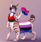 1995_polyamory_pride_colors bisexual_pride_colors black_hair blue_eyes claws clothed clothing crop_top cropped_tank_top female flag flag_(object) fur genderfluid_pride_colors hair holding_flag holding_object lgbt_pride pi_(symbol) pink_body pink_fur pink_nose polyamory_pride_colors pride_color_clothing pride_color_crop_top pride_color_flag pride_color_shirt pride_color_tank_top pride_color_topwear pride_colors print_clothing print_crop_top print_shirt print_tank_top print_topwear shirt short_tail simple_background smile solo standing subculture_pride_colors tail tank_top topwear wearing_flag thecatnamedfish fish_(thecatnamedfish) chakamil chakat felid felid_taur feline feline_taur lynx lynx_taur mammal mammal_taur taur 2019 absurd_res digital_media_(artwork) hi_res herm_(lore)