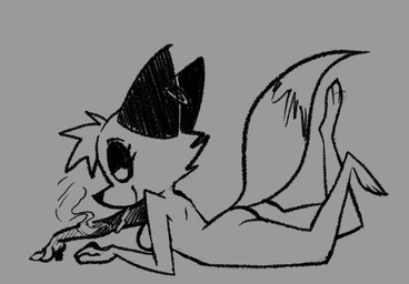 anthro arched_back bedroom_eyes biped breasts bubble_butt butt cheek_tuft cigarette eyelashes facial_tuft female fluffy fluffy_tail head_tuft looking_back lying_on_ground narrowed_eyes nude nude_female on_ground on_top plantigrade seductive side_view simple_background small_breasts smoking smoking_cigarette solo tail tuft pusszone audrey_(pusszone) canid canine fox mammal monochrome