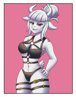 alternate_form anthro border clothing female fur hair hair_bun hand_on_hip horn lingerie looking_at_viewer smile solo underwear white_border zachc helltaker goat_lucifer_(helltaker) bovid caprine goat mammal hi_res