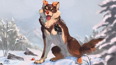 ambiguous_gender black_pawpads brown_body brown_fur claws digitigrade eyes_closed fake_antlers fake_horns fake_nose feral fur happy multicolored_body multicolored_fur open_mouth open_smile outside pawpads quadruped red_nose sitting smile snow solo toe_claws white_body white_fur zephyxus gausswolf canid canine canis mammal wolf 2026 digital_media_(artwork)