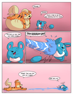 belly big_belly blue_body border dialogue duo female feral fur inflation liquid_inflation orange_body orange_fur speech_bubble text water_inflation white_border dweet-tea nintendo pokemon rojo_(dweet-tea) generation_1_pokemon generation_2_pokemon growlithe marill pokemon_(species) 2014 comic english_text hi_res