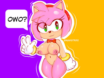 accessory anthro areola big_breasts black_nose blush blush_lines bow_tie bracelet breasts clothing eyelashes female front_view fur genitals gesture gloves gloves_only green_eyes hair hair_accessory hairband hand_gesture handwear handwear_only head_tuft jewelry looking_at_viewer mostly_nude navel nipples nude orange_background pink_areola pink_body pink_fur pink_hair pink_nipples purple_background red_bow_tie short_hair simple_background smile solo speech_bubble tan_body tan_fur thick_thighs tuft v_sign vulva white_clothing white_gloves white_handwear wide_hips mawstrife sega sonic_the_hedgehog_(series) amy_rose eulipotyphlan hedgehog mammal 4:3 absurd_res hi_res