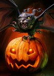 angry bared_teeth bat_wings big_wings black_body black_fur claws duo fangs feral fur glowing holidays jack-o'-lantern male mask membrane_(anatomy) membranous_wings open_mouth simple_background teeth wings yellow_eyes lindseywakefield bandai_namco digimon halloween demidevimon digimon_(species) pumpkinmon hi_res signature