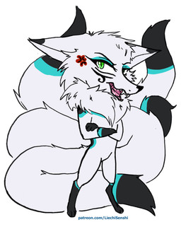 anthro chibi cross-popping_vein eyebrows grumpy looking_at_viewer multi_tail nude open_mouth sassy simple_background solo tail text white_background liechi canid canine fox mammal 2022 hi_res url