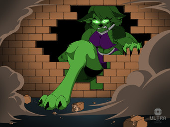 abs action_pose angry anthro breasts brick_wall claws cleavage clothed clothing destruction dust_cloud fangs female glowing glowing_eyes hole_in_wall muscular muscular_anthro muscular_female mutation pose solo teeth wall_(structure) nightron130 hellaverse helluva_boss marvel mythology loona_(helluva_boss) she-hulk canid canid_demon canine canis demon hellhound mammal mythological_canine mythological_creature wolf crossover hi_res