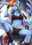 abs anthro anthrofied blue_body bodily_fluids bottomwear breasts cleavage clothed clothing ear_piercing ear_ring female fingerless_gloves gloves hair handwear inner_ear_fluff looking_at_viewer midriff multicolored_hair multicolored_tail muscular muscular_anthro muscular_female navel navel_piercing piercing rainbow_hair rainbow_tail ring_piercing shirt shorts sitting smile solo surface_piercing sweat tail tank_top text topwear towel tuft wings evomanaphy friendship_is_magic hasbro my_little_pony mythology rainbow_dash_(mlp) equid equine mammal mythological_creature mythological_equine pegasus 2020 digital_media_(artwork) hi_res url