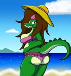 anthro beach big_breasts big_butt breasts butt clothing female hat headgear headwear looking_at_viewer looking_back navel non-mammal_breasts non-mammal_navel sea sky skyscape slightly_chubby slightly_chubby_anthro slightly_chubby_female smile smiling_at_viewer solo swimwear water marcodile marcella_(marcodile-arts) crocodilian reptile scalie hi_res