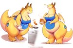 2024 absurd_res anthro apron apron_only banana_dragon biped breasts chiquita_(brand) chiquita_(colarix) claws clothing colarix digital_media_(artwork) dragon european_mythology female food fruit_sticker hi_res horn membrane_(anatomy) membranous_wings mythological_creature mythological_scalie mythology pancake scalie smile solo tail thick_tail thick_thighs toe_claws western_dragon wide_hips wings yellow_body