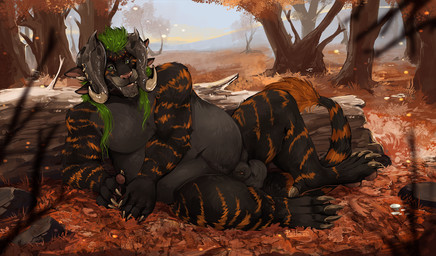 animal_genitalia anthro balls black_body black_fur countershade_balls countershade_face countershade_genitalia countershade_torso countershading detailed_background fully_sheathed fur genitals green_eyes green_hair hair horn looking_at_viewer lying male male_anthro nude nude_anthro nude_male on_side orange_body orange_fur outside overweight overweight_anthro overweight_male penis plant presenting presenting_penis sheath smile solo spread_legs spreading striped_body striped_fur stripes tail tree whisker_spots whiskers i-psilone guild_wars solivan_thickgut charr felid mammal 2021