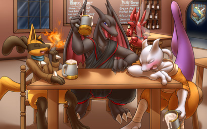 alcohol ambiguous_gender anthro bar beverage black_body black_fur black_scales blush clothed clothing container cup drunk fire fur furniture group insect_wings inside membrane_(anatomy) membranous_wings open_mouth orange_body orange_fur red_body red_scales scales sitting smile substance_intoxication table tail teeth tongue wings mykiio mythology nintendo pokemon arthropod canid canine charizard dragon dunsparce felid generation_1_pokemon generation_2_pokemon generation_4_pokemon insect legendary_pokemon lucario mammal mewtwo mythological_creature mythological_scalie pokemon_(species) scalie scizor shiny_pokemon 16:10 2016 hi_res widescreen