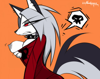 angry anthro bared_teeth big_breasts biped breast_squish breasts cleavage clenched_teeth clothed clothing collar ear_piercing erect_nipples eye_through_hair eyelashes female fluffy fluffy_tail fur grabbing_own_breast grey_body grey_fur grey_hair grey_nipples hair long_eyelashes long_hair looking_at_viewer lowered_shirt nipples one_breast_out oversized_clothing oversized_topwear piercing red_sclera simple_background solo spiked_collar spikes squish tail teeth topwear translucent translucent_hair white_body white_eyes madragon hellaverse helluva_boss mythology loona_(helluva_boss) canid canid_demon canine demon hellhound mammal mythological_canine mythological_creature 2026 hi_res signature