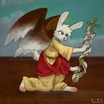 anthro blue_eyes brown_wings clothed clothing feathered_wings feathers female fingers freckles fur hair halo holding_object kneeling looking_up red_nose religion robe simple_background smile solo staff tail text tuft white_body white_fur wings kawattame angel_hare the_east_patch angel_gabby angel angel_hare_(the_east_patch) hare lagomorph leporid mammal rabbit 1:1 digital_media_(artwork) english_text hi_res watermark