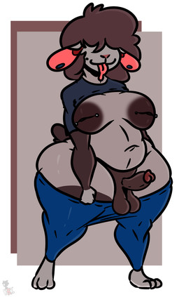 anthro areola balls big_balls big_breasts big_penis bottomwear breasts cleavage clothed clothing denim denim_bottomwear denim_clothing femboy genitals huge_breasts huge_penis intersex inverted_nipples jeans male moobs nipples overweight pants penis simple_background slightly_chubby solo thick_thighs wide_hips kingretrokirby tom_(isolatedartest) bovid caprine mammal sheep hi_res