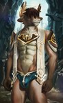 anthro armor brown_body brown_fur brown_hair butt ears_down fur hair halo horn male mountain muscular pivoted_ears solo white_body white_fur wreath levsha bovid bovine cattle mammal absurd_res digital_media_(artwork) hi_res