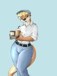 anthro belt beverage blonde_hair blue_background blue_clothing blue_eyes blue_hat blue_headwear bottomwear clothing coffee collared_shirt container cup denim denim_bottomwear denim_clothing eyewear glasses hair hat headgear headwear jeans male membrane_(anatomy) otter_tail pants shirt simple_background solo topwear webbed_hands white_collared_shirt pandottermon parker_(pandottermon) mammal mustelid otter 3:4 hi_res