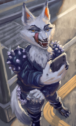 alternative_fashion anthro clothed clothing female glare glaring glaring_at_viewer jacket leather leather_clothing leather_jacket leather_topwear licking_teeth looking_at_viewer punk solo tail topwear monduck renira canid canine canis mammal wolf absurd_res hi_res
