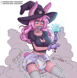 after_transformation big_diaper blush blush_lines clothing collar crystal diaper female footwear frilly frilly_clothing frilly_shirt frilly_topwear fur hair hat headgear headwear magic magic_user magic_wand object_in_mouth pacifier pacifier_in_mouth pink_body pink_eyes pink_fur pink_hair scut_tail shirt shirt_symbol short_tail socks solo surprised tail text topwear transformation witch witch_hat atreyatan humanoid lagomorph mammal absurd_res hi_res url
