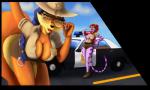 amber_eyes anthro blue_hair breasts cleavage clothed clothing duo female fur genitals hair orange_body orange_fur pussy stripes astraldog sly_cooper_(series) sony_corporation sony_interactive_entertainment sucker_punch_productions captain_neyla carmelita_fox canid canine felid fox mammal pantherine tiger 2017 hi_res