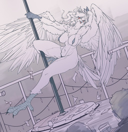 4_claws 4_toes anisodactyl anthro arms_bent avian_feet beak bent_legs bikini biped breasts claws clothed clothing dancing eyebrow_through_hair eyebrows eyelashes eyelashes_through_hair feather_tuft feathers feet female female_anthro glistening glistening_eyes group hair holding_pole leg_around_pole navel non-mammal_breasts one-piece_swimsuit open_mouth pole pole_dancing pose red_eyes red_tongue sling_bikini solo_focus stripper stripper_pole swimwear toe_claws toes tongue translucent translucent_hair tuft two-piece_swimsuit wings cmuhui lidigeneer_(lidigeneer) avian bird 2022 absurd_res chinese_description digital_media_(artwork) hi_res monochrome