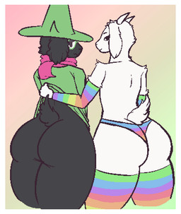 aged_up anthro arm_warmers armwear assisted_exposure big_butt border bottomless butt butt_focus clothed clothing duo eyewear femboy fur glasses headgear headwear horn legwear lgbt_pride male multicolored_armwear multicolored_clothing multicolored_legwear multicolored_stockings multicolored_underwear panties pattern_armwear pattern_clothing pattern_legwear pattern_stockings pride_color_armwear pride_color_clothing pride_color_legwear pride_color_stockings pride_color_underwear pride_colors rainbow_armwear rainbow_clothing rainbow_legwear rainbow_pride_colors rainbow_stockings rainbow_underwear scarf six-stripe_rainbow_pride_colors stockings striped_armwear striped_clothing striped_legwear striped_stockings stripes super_gay thick_thighs underwear white_body white_border white_fur wide_hips sephaloid deltarune undertale undertale_(series) asriel_dreemurr ralsei boss_monster_(undertale) bovid caprine darkner goat mammal 2019 aliasing digital_media_(artwork)