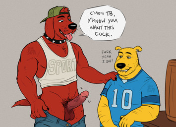 anthro collar college duo fraternity genitals humanoid_genitalia humanoid_penis jock male male/male muscular overweight penis profanity school size_difference slightly_chubby slightly_chubby_male text throbbing throbbing_penis conditional_dnp dickarmdaryl clifford_the_big_red_dog pbs scholastic clifford_(clifford_the_big_red_dog) t-bone_(clifford) canid canine canis domestic_dog mammal english_text hi_res