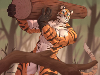 abs anthro barazoku biceps big_muscles bottomless bottomless_male bottomwear branch clothed clothing convenient_censorship dutch_angle fangs forest fur gloves green_eyes handwear holding_log holding_object holding_wood log looking_at_viewer lumberjack male mostly_nude muscular muscular_anthro muscular_male navel open_mouth outside pants pecs plant quads sharp_teeth solo standing teeth text topless topless_male tree triceps tuft walnut_(anjing) wood working anjing_kampuss felid mammal pantherine tiger hi_res