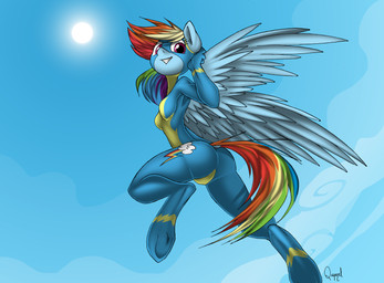 anthro anthrofied blue_body blue_feathers butt cloud cutie_mark day feathered_wings feathers female hair looking_at_viewer multicolored_hair outside sky smile solo sun wings quynzel friendship_is_magic hasbro my_little_pony mythology rainbow_dash_(mlp) equid equine mammal mythological_creature mythological_equine pegasus 2016