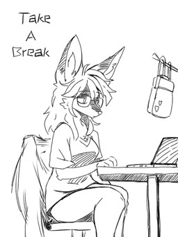 anthro bag chair clothing computer electronics eyewear female furniture glasses laptop medium_hair shirt simple_background sitting solo t-shirt table topwear eneki_sei canid canine canis mammal wolf 3:4 monochrome sketch