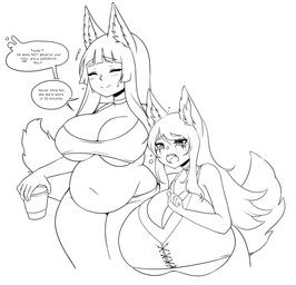 belly big_breasts blush blush_lines bodily_fluids breasts cleavage clothed clothing container crying cup dialogue drunk duo eyes_closed female huge_breasts navel open_mouth overweight overweight_female overweight_humanoid raised_finger simple_background smile speech_bubble substance_intoxication sweat tail tears text thick_thighs under_boob wide_hips cakecatboy cinnamon_(cakecatboy) animal_humanoid canid canid_humanoid canine canine_humanoid fox_humanoid humanoid mammal mammal_humanoid character_request english_text hi_res monochrome