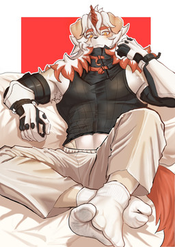 5_fingers 5_toes abs ankle_socks anthro armpit_tuft armwear asian_clothing barely_visible_navel black_clothing black_sleeveless_shirt blush blush_lines boots border bottomwear clothed clothing crossed_legs detailed_feet dirty dirty_clothing dirty_socks east_asian_clothing elbow_gloves eyebrows feet fingers floppy_ears foot_focus footwear forehead_horn fur gloves handwear head_horn horn humanoid_feet japanese_clothing looking_at_viewer male male_anthro mane midriff multicolored_armwear multicolored_clothing multicolored_elbow_gloves multicolored_gloves multicolored_handwear multicolored_mane muscular muscular_anthro muscular_male navel orange_eyes outline pants plantigrade raised_clothing raised_shirt raised_topwear red_background red_body red_eyebrows red_fur red_horn red_mane red_tail shirt shoes simple_background sitting sleeveless_shirt socks solo tabi_socks tail tan_body tan_fur toes topwear tricolor_fur two_tone_armwear two_tone_clothing two_tone_elbow_gloves two_tone_gloves two_tone_handwear two_tone_mane unicorn_horn white_body white_border white_bottomwear white_clothing white_footwear white_fur white_mane white_outline white_pants white_socks redd_fur arknights asian_mythology east_asian_mythology hypergryph japanese_mythology mythology studio_montagne hung_(arknights) canid canine foo_dog hybrid komainu mammal yokai 2025 colored digital_drawing_(artwork) digital_media_(artwork) hi_res shaded