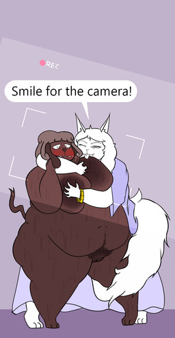 3_toes anthro areola big_areola big_breasts blush bodily_fluids body_hair breasts brown_body brown_fur clawing claws clothed clothed/nude clothing dialogue dominant dominant_female duo eyelashes feet female female/female finger_claws fur genitals happy_trail huge_areola huge_breasts humiliation long_eyelashes mature_anthro mature_female nude obese obese_anthro obese_female overweight overweight_anthro overweight_female pubes submissive submissive_female sweat tear_trough text toes tongue tongue_out undressing_another vulva white_body white_fur oxkingky catherine_(oxkingky) dorothy_b_hound canid canine canis domestic_cat domestic_dog felid feline felis mammal 2026 english_text hi_res