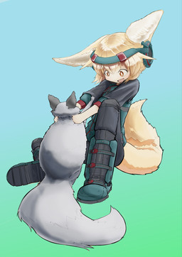 accessory ambiguous_gender anthro boots clothing duo ears_back eye_contact female fennec_ears feral footwear fox_ears fox_tail fur glistening glistening_eyes glistening_hair grey_body grey_fur hair headband holding_object looking_at_another male male/female pivoted_ears red_eyes shoes sitting smile tail yellow_body yellow_fur ikino_darkino blazer(ikino_character) canid canine fennec_fox fox human mammal true_fox hi_res sketch