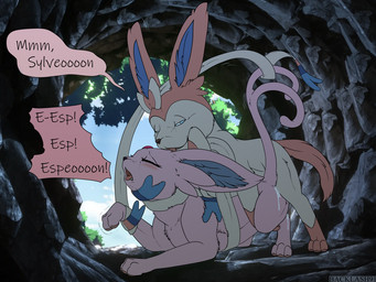 blush bodily_fluids cave cum cum_in_vagina cum_inside dialogue duo female feral feral_on_feral forest from_behind_position genital_fluids licking male male/female mating_grip mounting partners plant pokemon_speak ribbons_(anatomy) rock sex text thrusting tongue tree unintelligible_speech backlash91 conditional_dnp nintendo pokemon eeveelution espeon generation_2_pokemon generation_6_pokemon pokemon_(species) sylveon 4:3 artist_name english_text hi_res