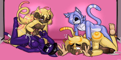 ahegao all_fours anal anal_orgasm anal_penetration anthro anthro_on_anthro anthro_penetrated anthro_penetrating anthro_penetrating_anthro anvil_position ass_up big_breasts big_butt big_penis black_clothing black_eyeshadow black_hat black_headwear black_mask blonde_hair blue_hair bodily_fluids breasts brother_swap brown_body brown_fur brown_inner_ear brown_nipples brown_penis bubble_butt butt clenched_teeth clothing collaborative collaborative_gesture collaborative_heart_gesture cum cum_from_ass cum_from_vagina cum_in_ass cum_in_vagina cum_inside cum_on_belly cum_on_body cum_on_ground cum_on_penis cum_pool cum_while_penetrated cumshot doggystyle double_v_sign ejaculation erection eyes_closed eyeshadow eyewear eyewear_only female female_penetrated from_behind_position from_front_position fur genital_fluids genitals gesture glans glasses glasses_only grey_nipples grin group hair hand_gesture hands-free hat headgear headwear heart_gesture huge_penis humanoid_genitalia humanoid_penis interspecies legs_up looking_at_viewer looking_pleasured makeup male male/female male/male male_penetrated male_penetrating male_penetrating_female male_penetrating_male markings mask mostly_nude nipples nude one_eye_closed open_mouth orange_body orange_eyes orange_fur orange_hair orange_markings orgasm parallel_sex partner_swap penetration penile penile_penetration penis penis_in_ass penis_in_vagina pink_body pink_fur pink_hair pink_markings pupils purple_body purple_eyes purple_fur purple_hair raised_leg red_glans red_penis relative_swap sex shaking_orgasm sibling_swap simultaneous_orgasms sister_swap smile striped_body striped_fur striped_markings striped_tail stripes tail tail_markings tail_wraps teeth throbbing throbbing_penis tongue tongue_out tremble_spikes v_sign vaginal vaginal_orgasm vaginal_penetration wearing_glasses white_body white_fur white_inner_ear white_stripes wraps yellow_body yellow_fur felino lithe_(nezuruiart) medi_(nezuruiart) orion_(tricktrashing) stardust_(tricktrashing) domestic_cat felid feline felis haplorhine mammal monkey primate 2025 2:1 absurd_res hi_res brother_(lore) brother_and_sister_(lore) brothers_(lore) sibling_(lore) sister_(lore)