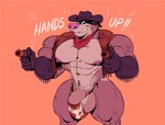2019 abs anthro balls big_balls big_muscles big_penis bodily_fluids canid canine canis clothed clothing cowboy cowboy_hat emanata english_text flaccid genitals gloved gun handgun hat headgear headwear ineffective_clothing kerchief looking_at_viewer male mammal mask mezcal_(artist) multicolored_body muscular muscular_anthro muscular_male navel neckerchief nipples open_clothing open_topwear open_vest pecs penis quads ranged_weapon revolver simple_background smile solo standing sweat tan_background text thong topwear two_tone_body underwear vest weapon wolf