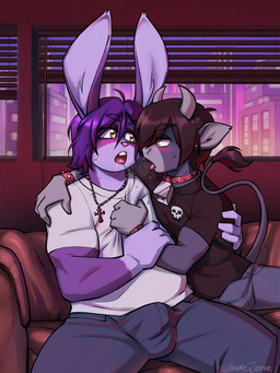 anthro athletic athletic_male black_clothing black_shirt black_topwear blush blush_stickers bodily_fluids bone bottomwear bracelet brown_eyes bulge clothed clothing cowbell cross dark_hair denim denim_bottomwear denim_clothing detailed_background duo erection erection_under_clothing fully_clothed fur furniture grey_body grey_fur hair hand_on_back hand_on_shoulder hand_on_wrist horn jeans jewelry kissing male male/male pants purple_body purple_fur purple_hair saliva saliva_string shirt skull sofa spiked_bracelet spikes tail tail_tuft topwear tuft tugging_clothing white_clothing white_shirt white_topwear naughtyjester arthur_(lapinbeau) rosco_(lapinbeau) bovid bovine cattle domestic_rabbit flemish_giant lagomorph leporid mammal oryctolagus rabbit hi_res signature