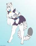 anthro blue_eyes breasts clothed clothing female fingers fur hair legwear long_hair maid_headdress maid_uniform simple_background solo striped_body striped_fur stripes text thigh_highs uniform white_body white_fur bagworm_(artist) melody_(sakuradlyall) felid mammal pantherine tiger absurd_res english_text hi_res